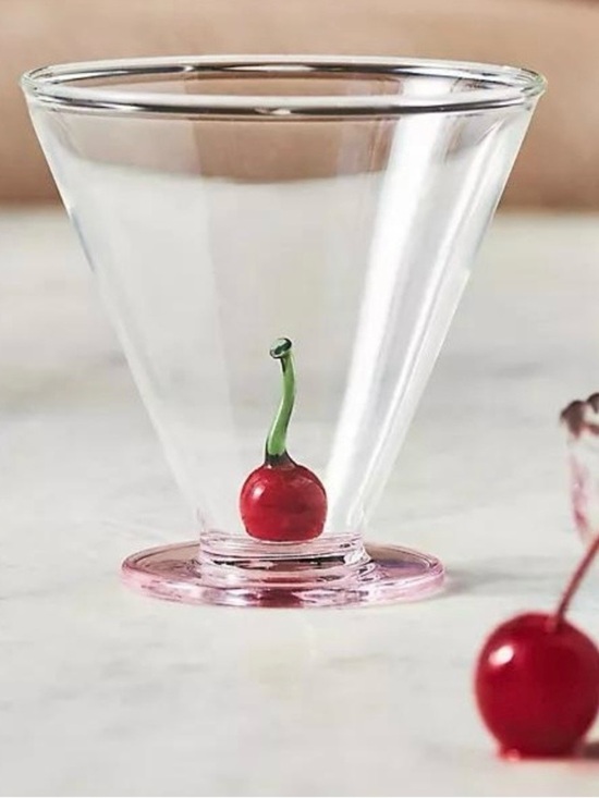 Anthropologie Other - NWT Anthropologie Garnish Stemless Martini Glass Pink Base Cherry 3D Hand Blown